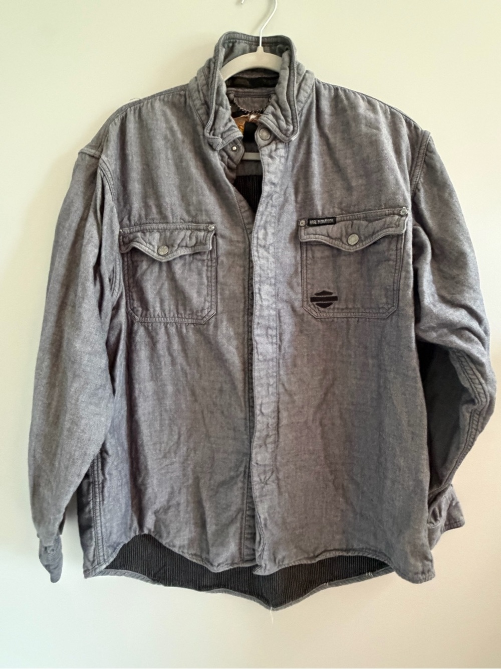 Vintage Harley Davidson Gray Cotton Snap Shirt Jacket Mens L Made in Hong Kong